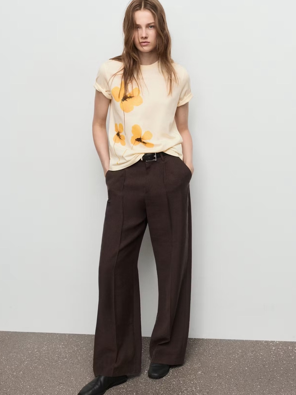 Mango Yellow Floral Short-Sleeve Crewneck Top